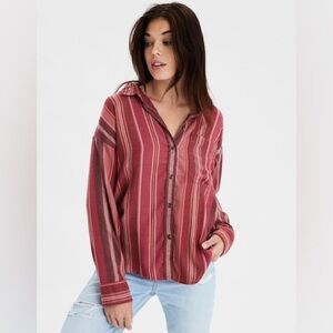 American Eagle Striped Pink Button-Up Women's Top Large